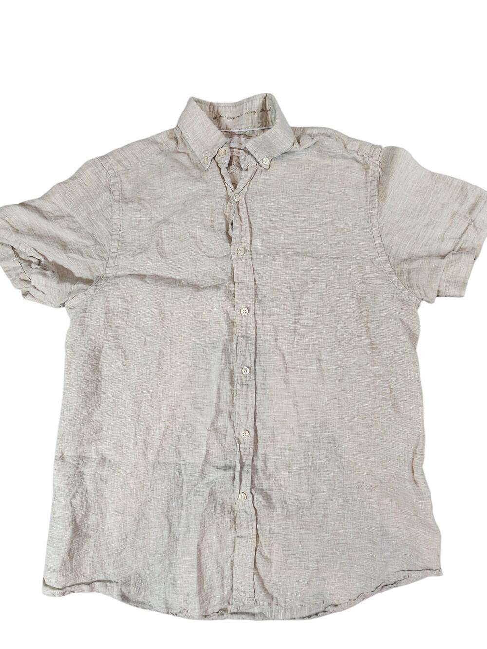 Porter & Ash mens 100% Linen sz small Button up Short Sleeve Beige Lightweight
